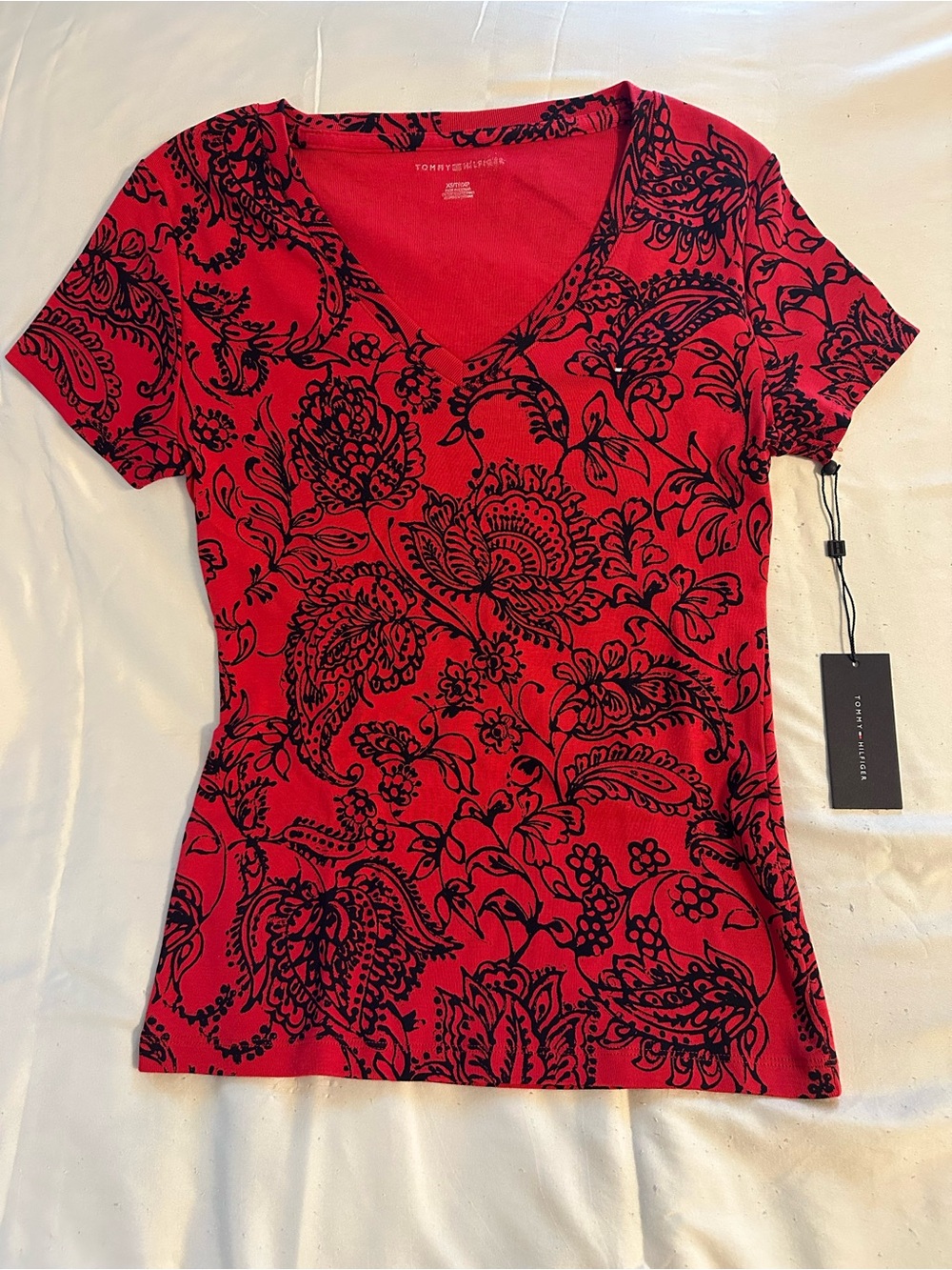 Tommy Bahama Red V-Neck Short Sleeve Top with Black Floral Paisley Print